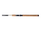 Fishing rod with cork handle and black and white gradient design.