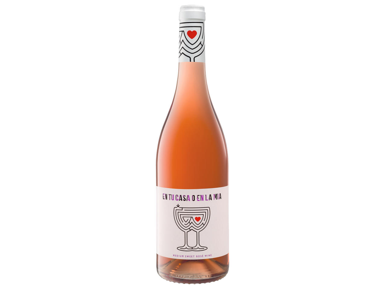 Бутилка розе вино Dulce Tranquilo, Vin rose dulce, с бял етикет и червено сърце.