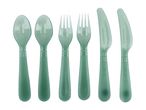 Six pieces of reusable green plastic cutlery, including two spoons, two forks, and two knives.