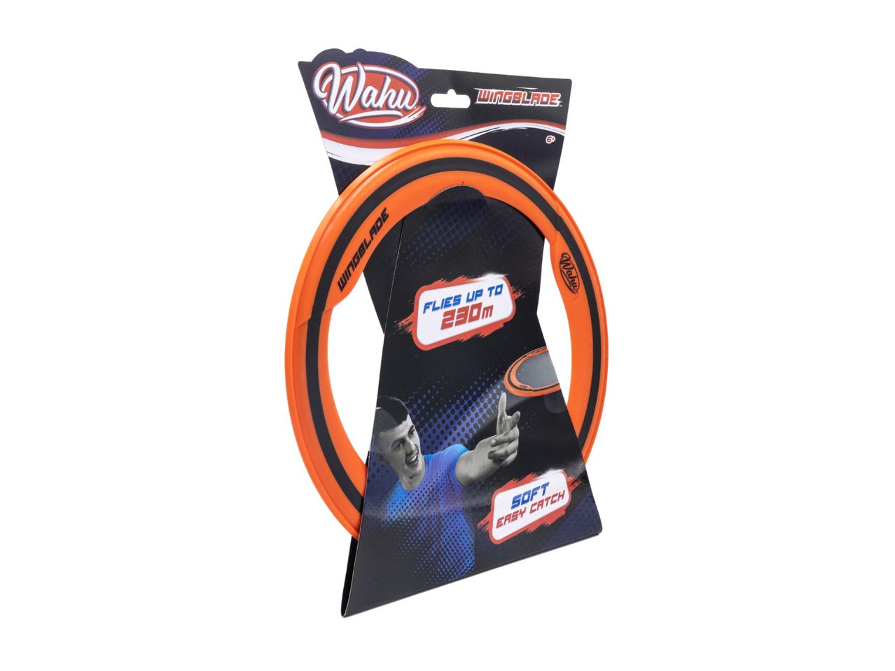 Orange and black flying disc in packaging, featuring a person throwing it and text about its flight distance.