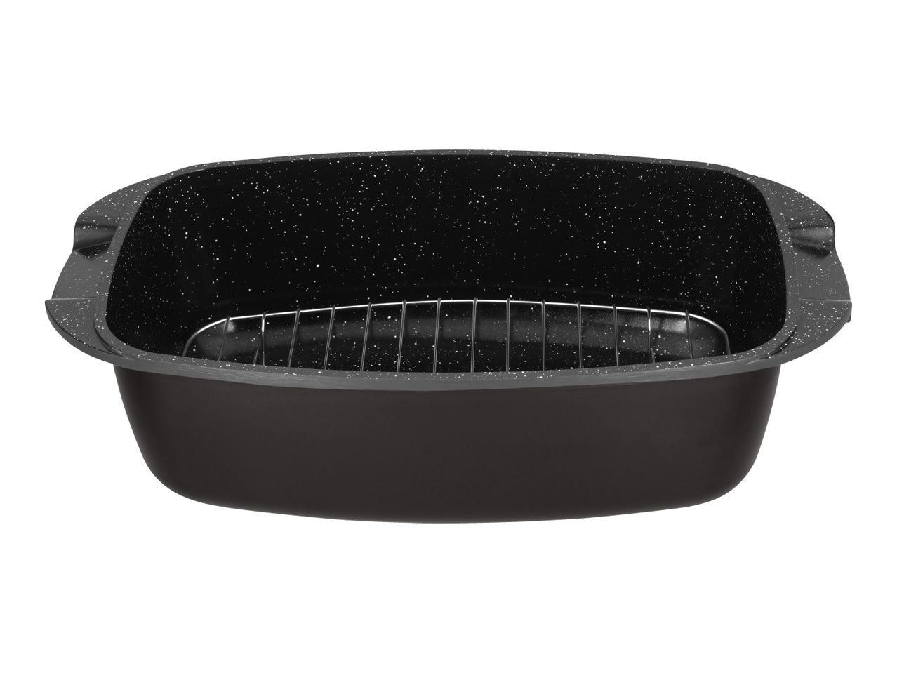 Black speckled roasting pan with a metal rack inside