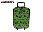 Green suitcase with a pattern of pixelated game characters and items, with a game logo.