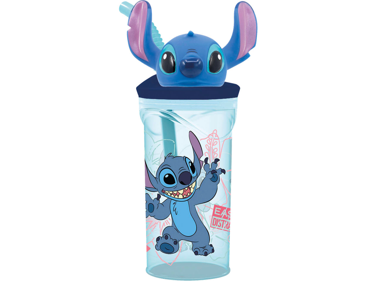 Stitch-themed plastic bottle with a 3D Stitch head lid and a graphic of Stitch on the side, text 'EASY DISTRA'