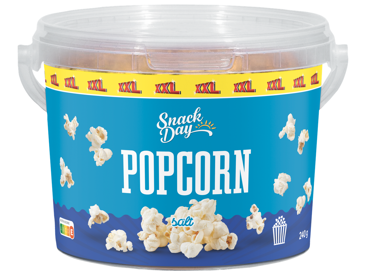 Een grote emmer popcorn met de tekst 'Snack Day Popcorn' en 'XXL'.