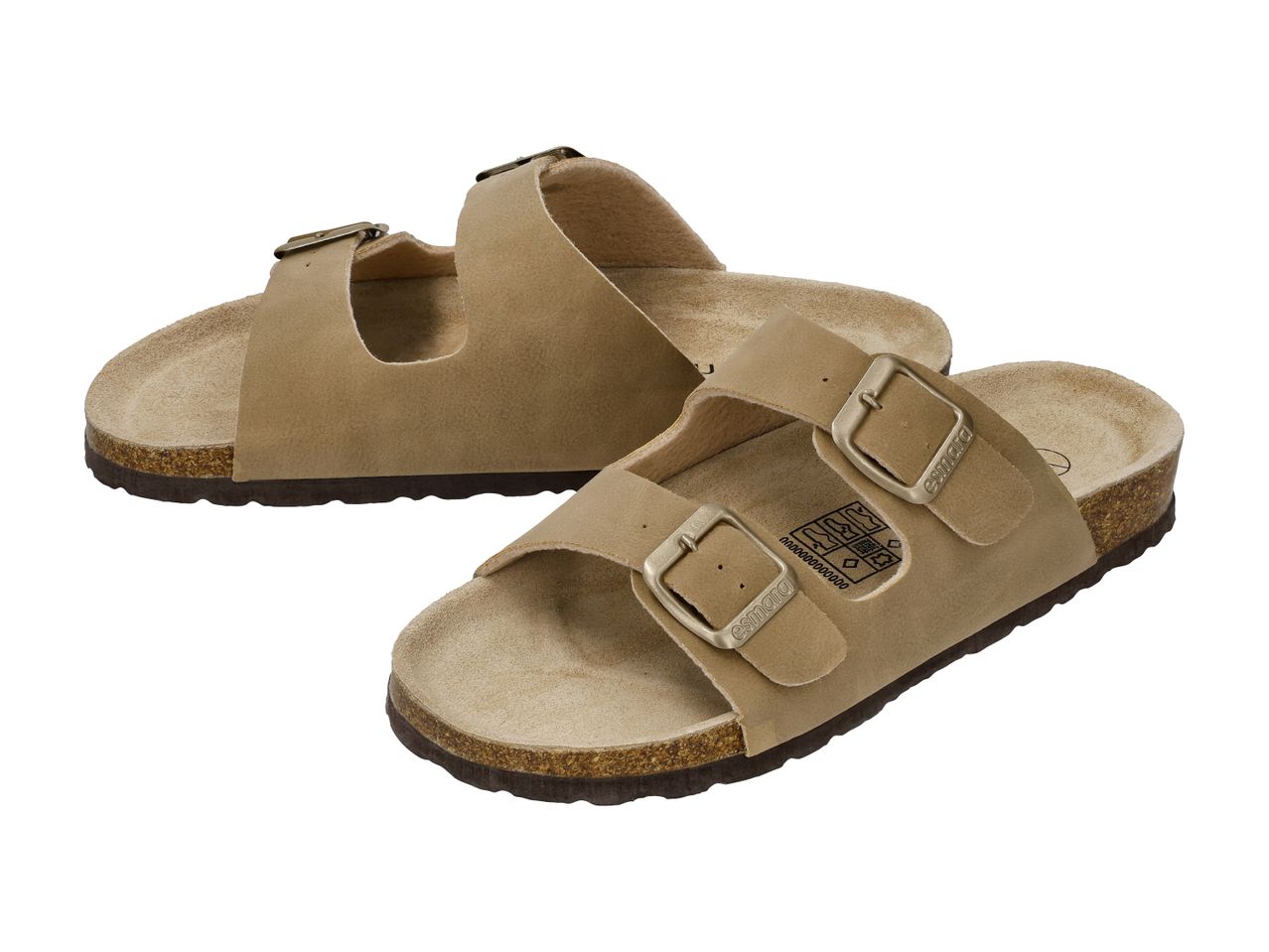 Pair of beige two-strap sandals with buckles and cork soles.