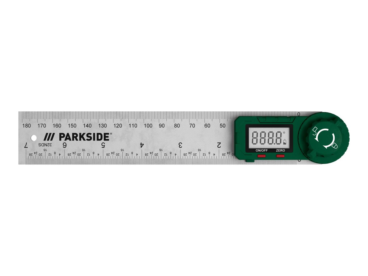 A digital angle ruler with a green body and a silver metal ruler, displaying 888.8 degrees.