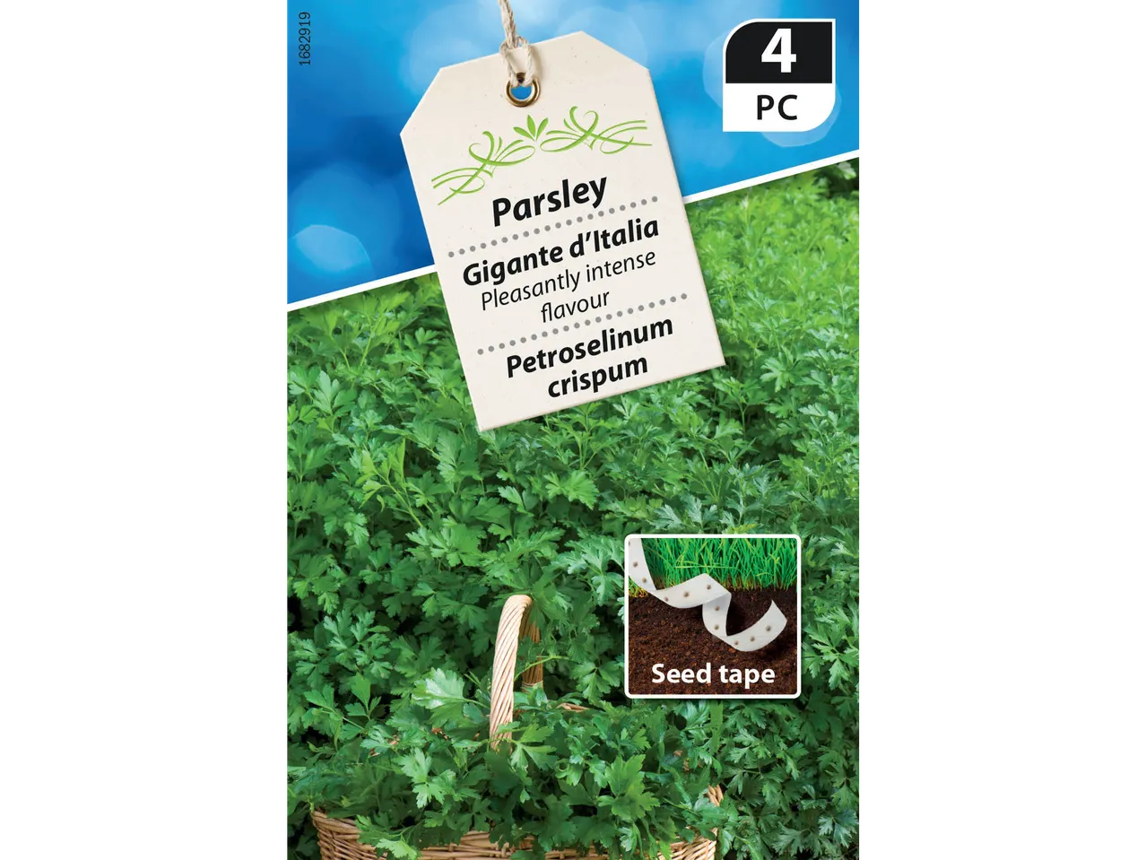 Parsley Gigante d'Italia seed tape with 4 pieces, showing lush green parsley plants.