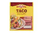 Mild taco seasoning mix packet with a serving suggestion of two tacos