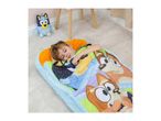 Child sleeping in a colorful sleeping bag with cartoon dog characters, next to a plush toy.