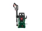 A Bosch electric pressure washer, green and black, stands upright.