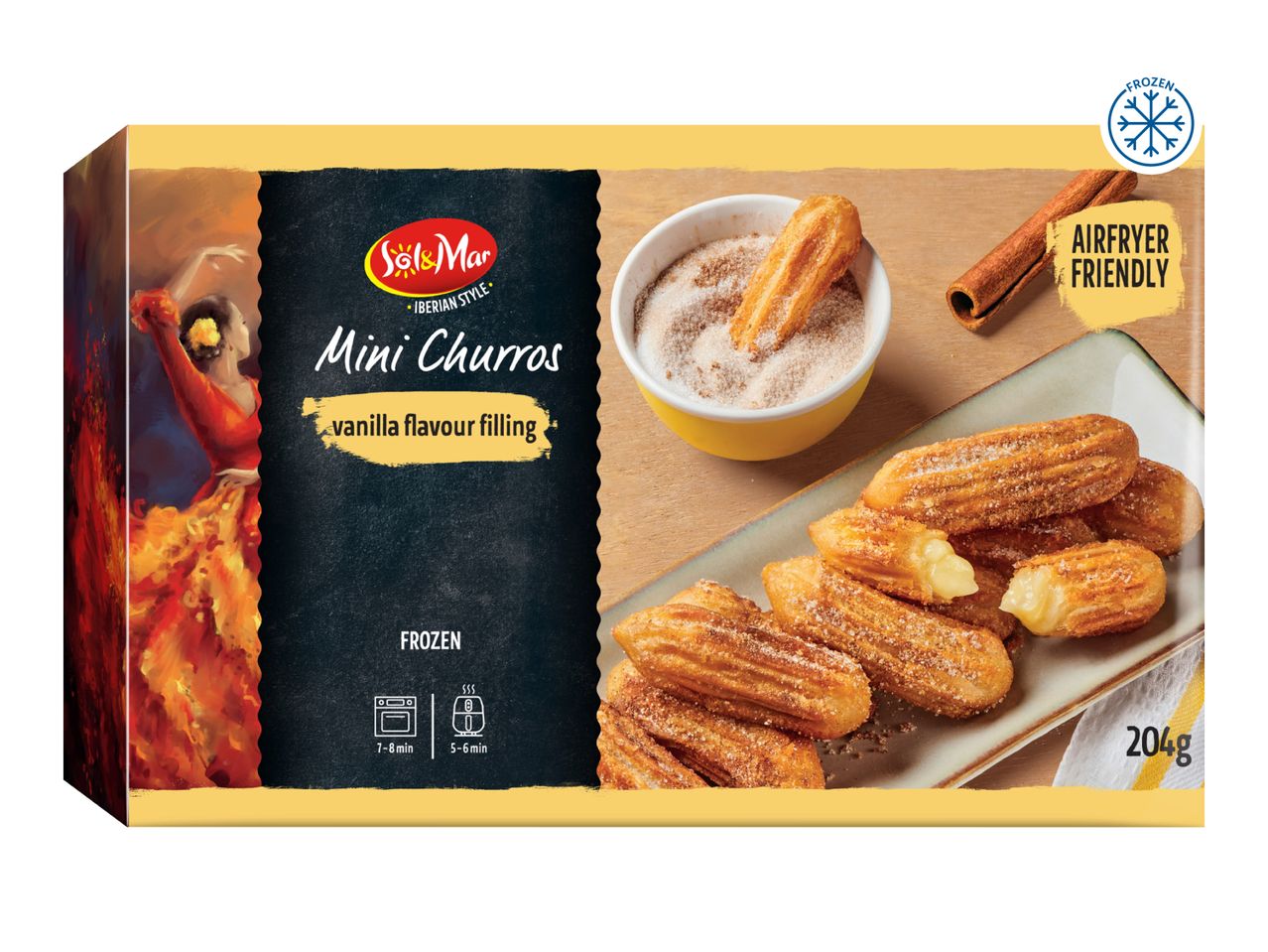 Frozen mini churros with vanilla filling, airfryer friendly, 204g.