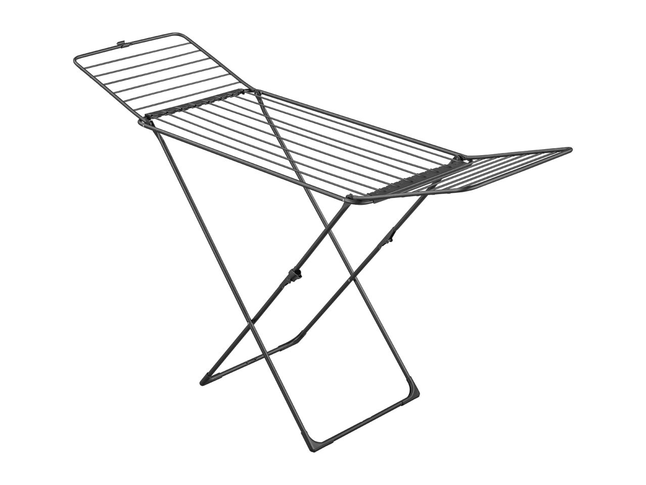 A black metal clothes drying rack with an accordion-style design.