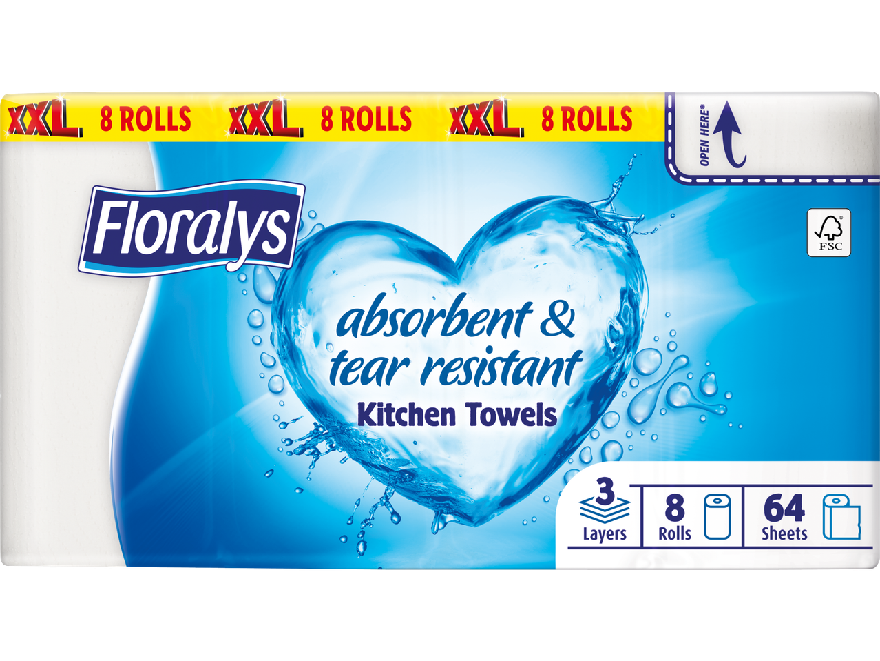 Floralys XXL kökshanddukar: 8 rullar med 3 lager, 64 ark.