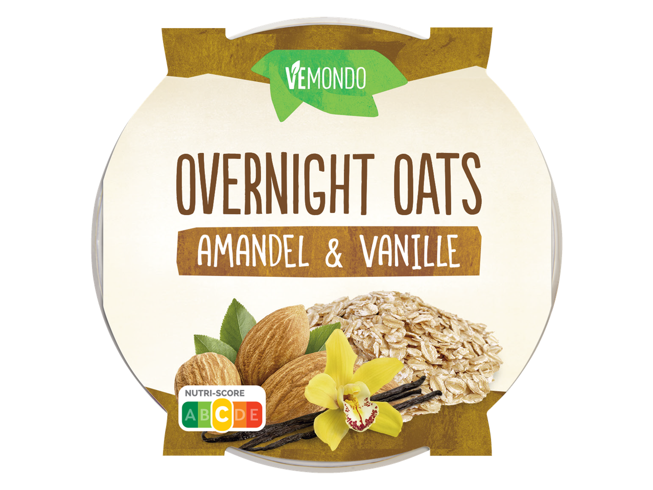 Verpakking van Vemondo Overnight Oats Amandel & Vanille met Nutri-Score A.