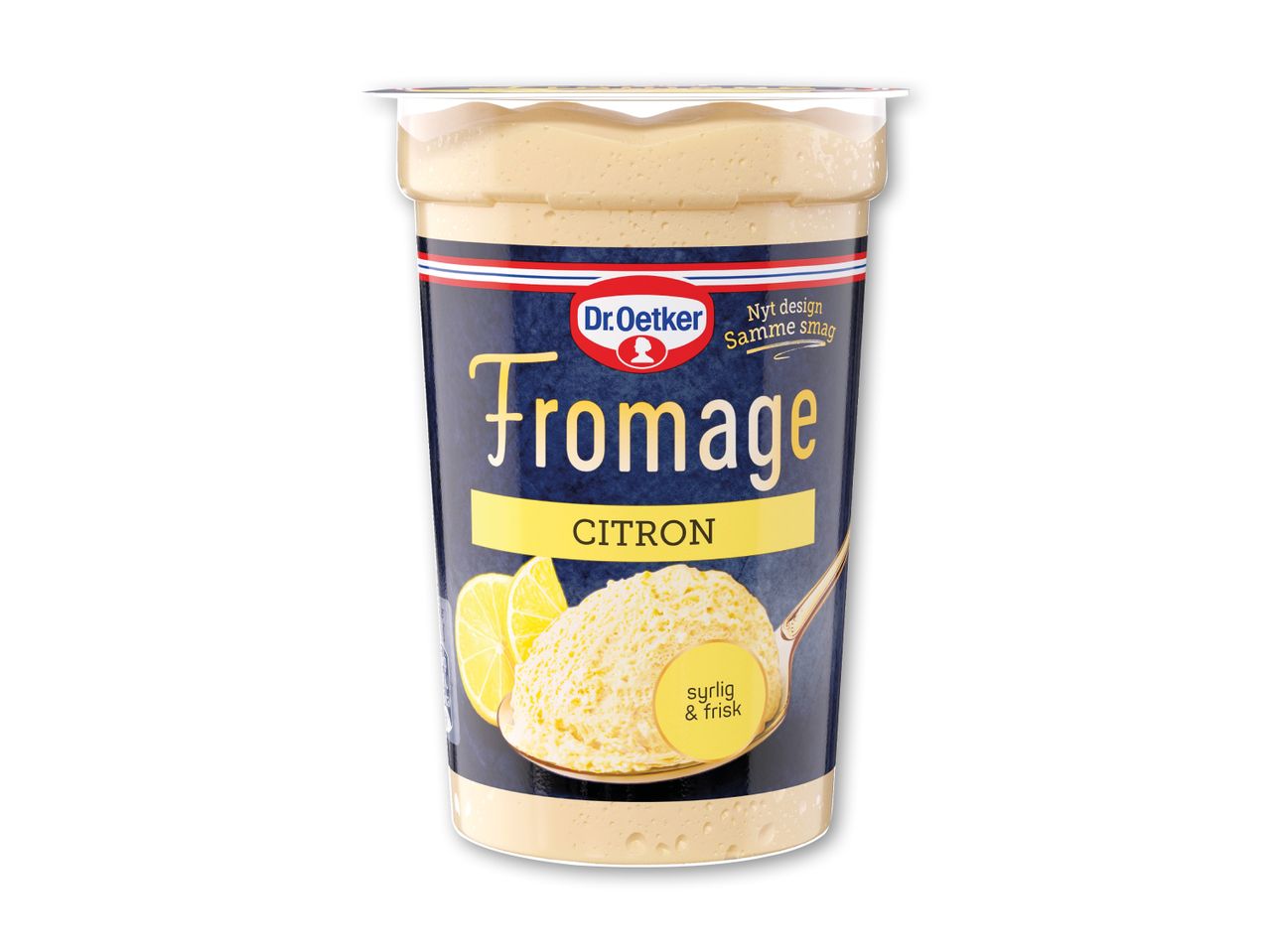 En beholder med citronfromage, der viser en skefuld fromage og citronskiver.
