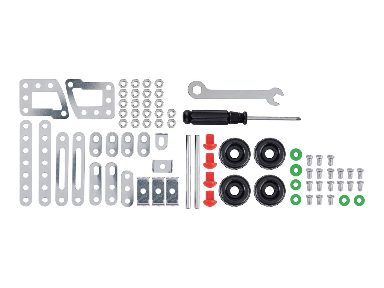 A set of metal construction toy parts, including beams, wheels, screws, and tools.