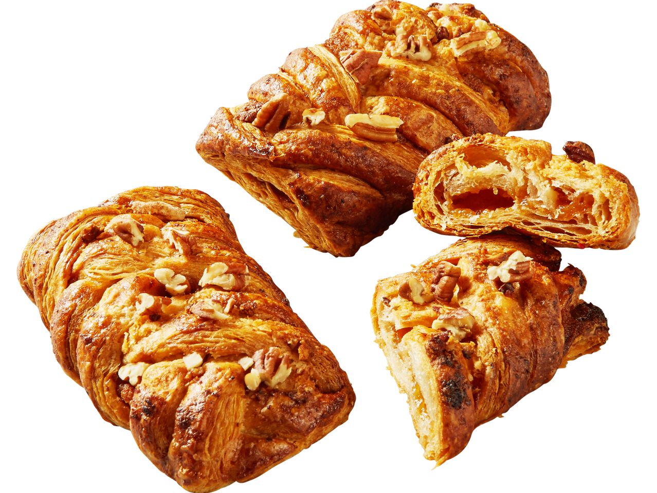 Tre gyllene valnötsflätor, en delad för att visa fyllningen.