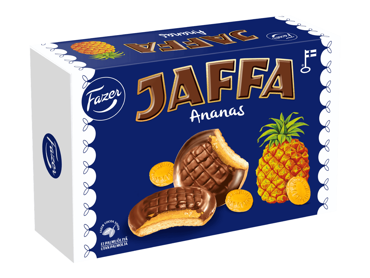 Ananaskeksit suklaakuorrutteella sinisessä pakkauksessa, jossa on ananaskuvia.