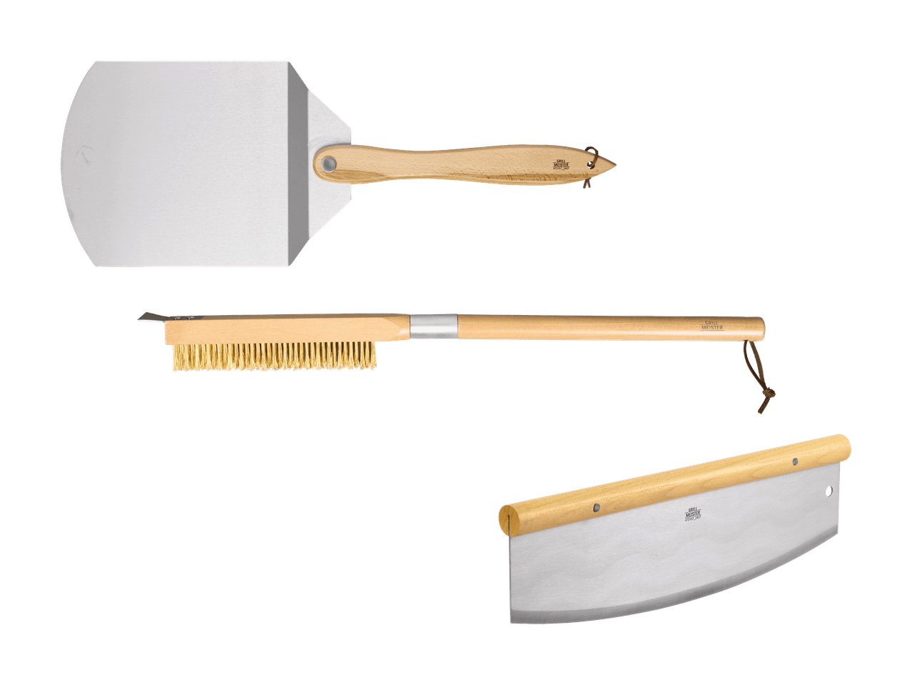 Pelle à pizza, brosse de nettoyage pour barbecue et coupe-pizza avec manches en bois.