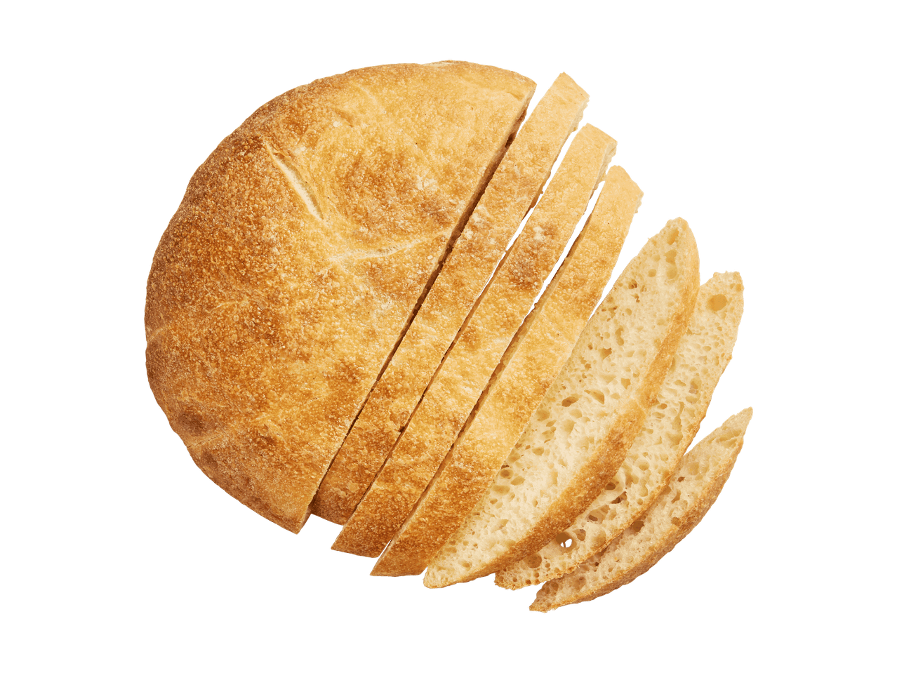 Ein runder Laib Brot, in Scheiben geschnitten, auf schwarzem Hintergrund.