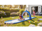 Lupilu water slide and paddling pool with children playing in a sunny garden.