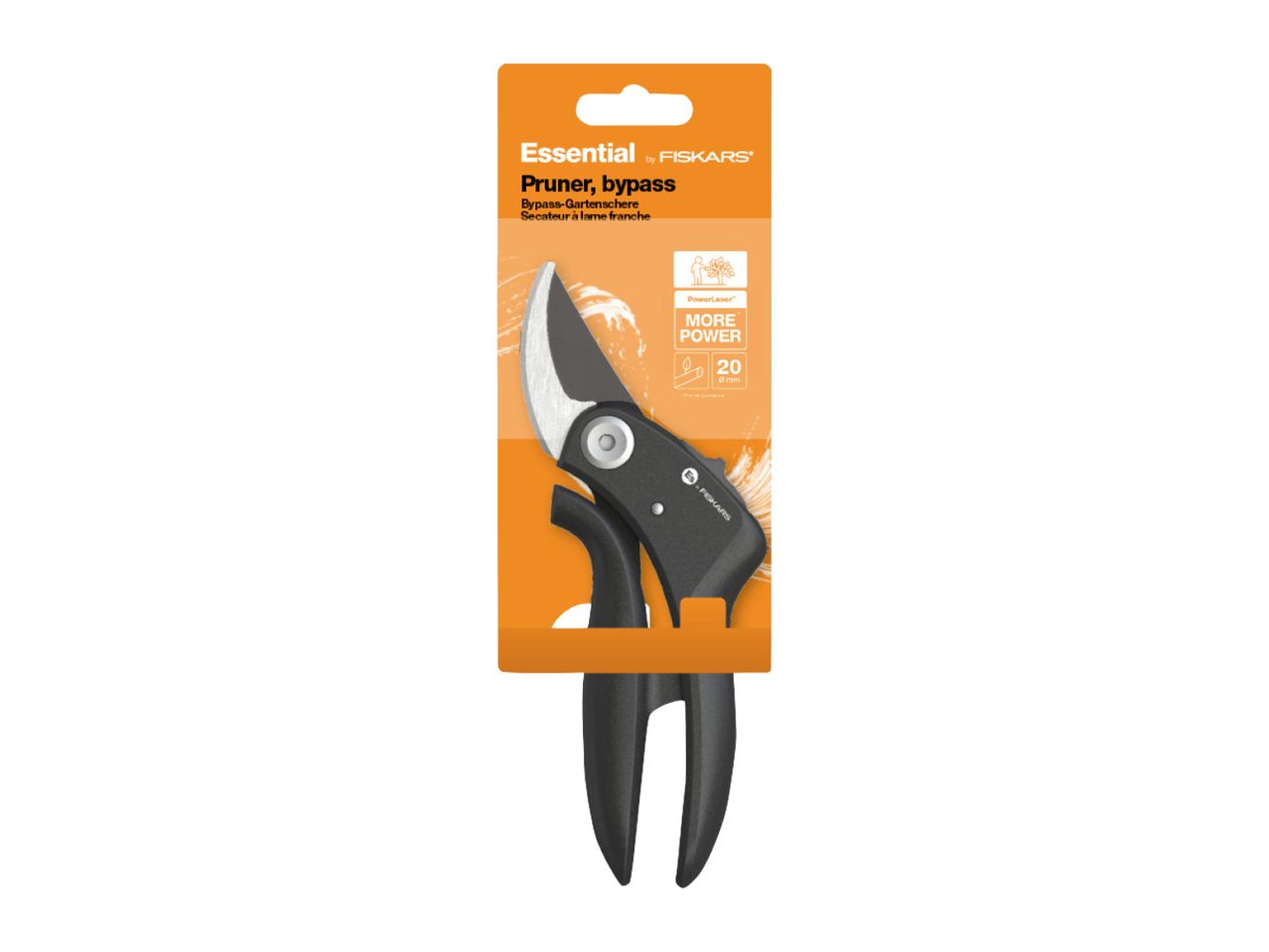 Bypass pruner in orange and black packaging, highlighting more power and 20mm cutting capacity.