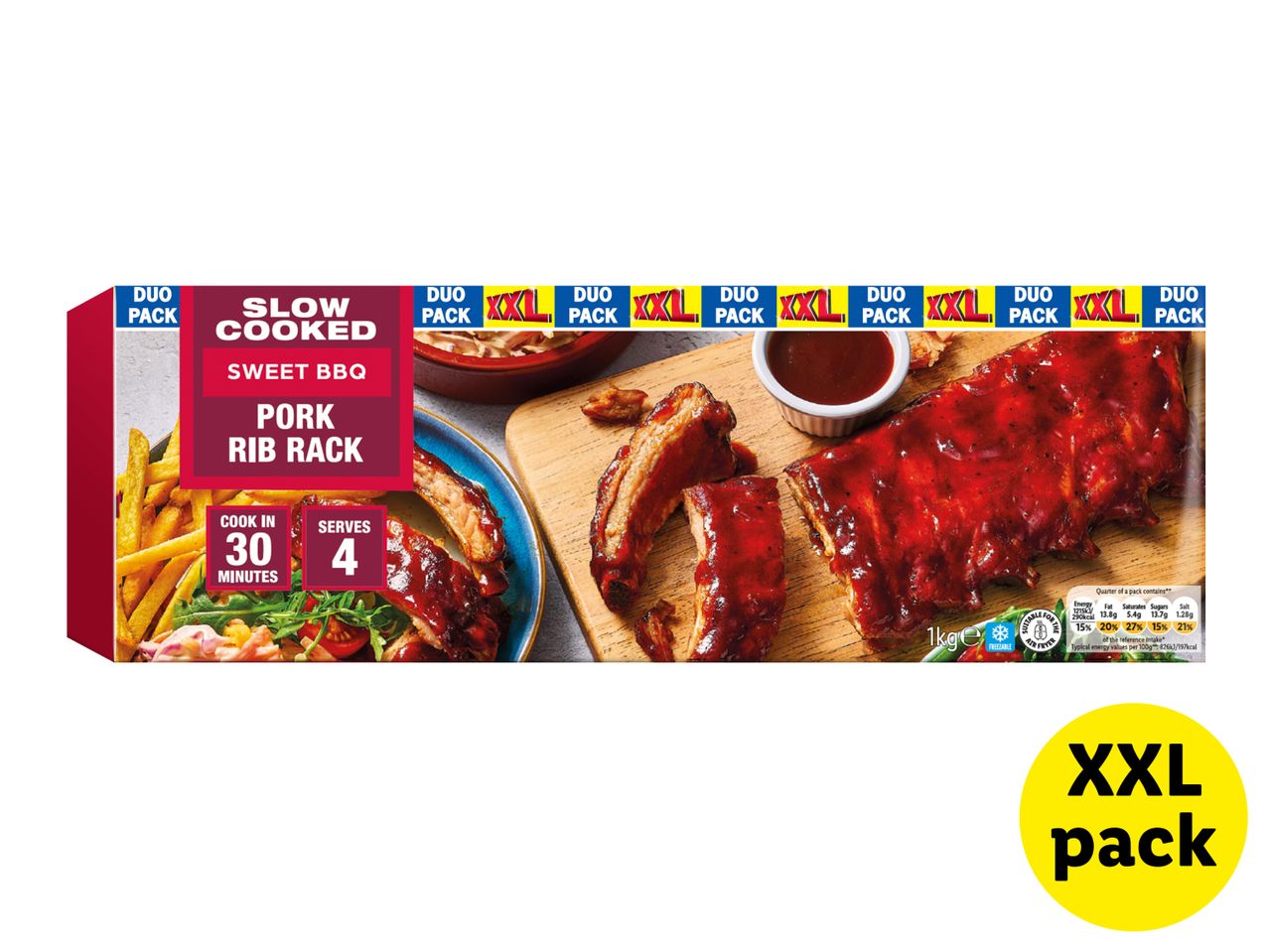 XXL duo pack of slow-cooked sweet BBQ pork rib rack, serves 4, cooks in 30 minutes.