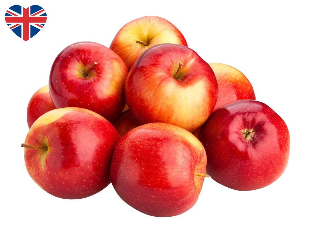A pile of red and yellow apples with a heart-shaped Union Jack flag in the top left corner.