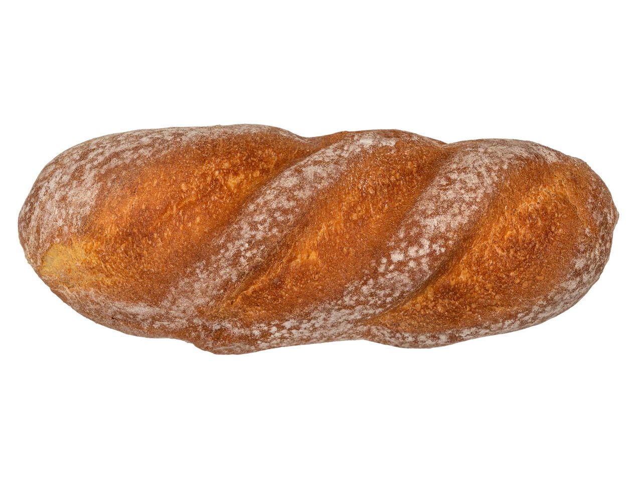 Egy hosszú, aranybarna, liszttel szórt kenyér, fonott mintával.