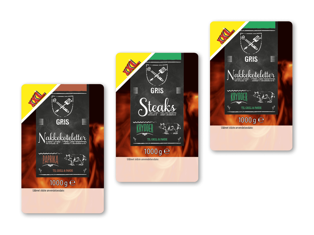 Tre pakker marineret svinekød: nakkekoteletter med paprika, steaks med krydderier og nakkekoteletter med krydderier, alle 1000g.