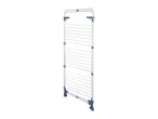 White and blue clothes drying rack on wheels, standing upright.
