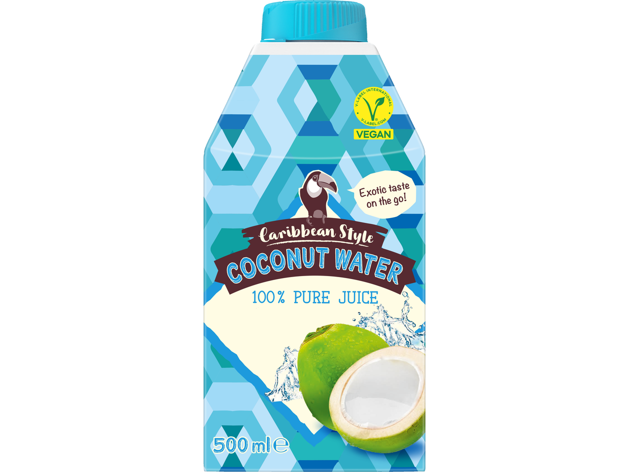 Eau de coco style Caraïbes, 500 ml, jus pur à 100 %, végétalien.
