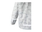 Close-up of a white children's rain jacket with a blue car pattern.