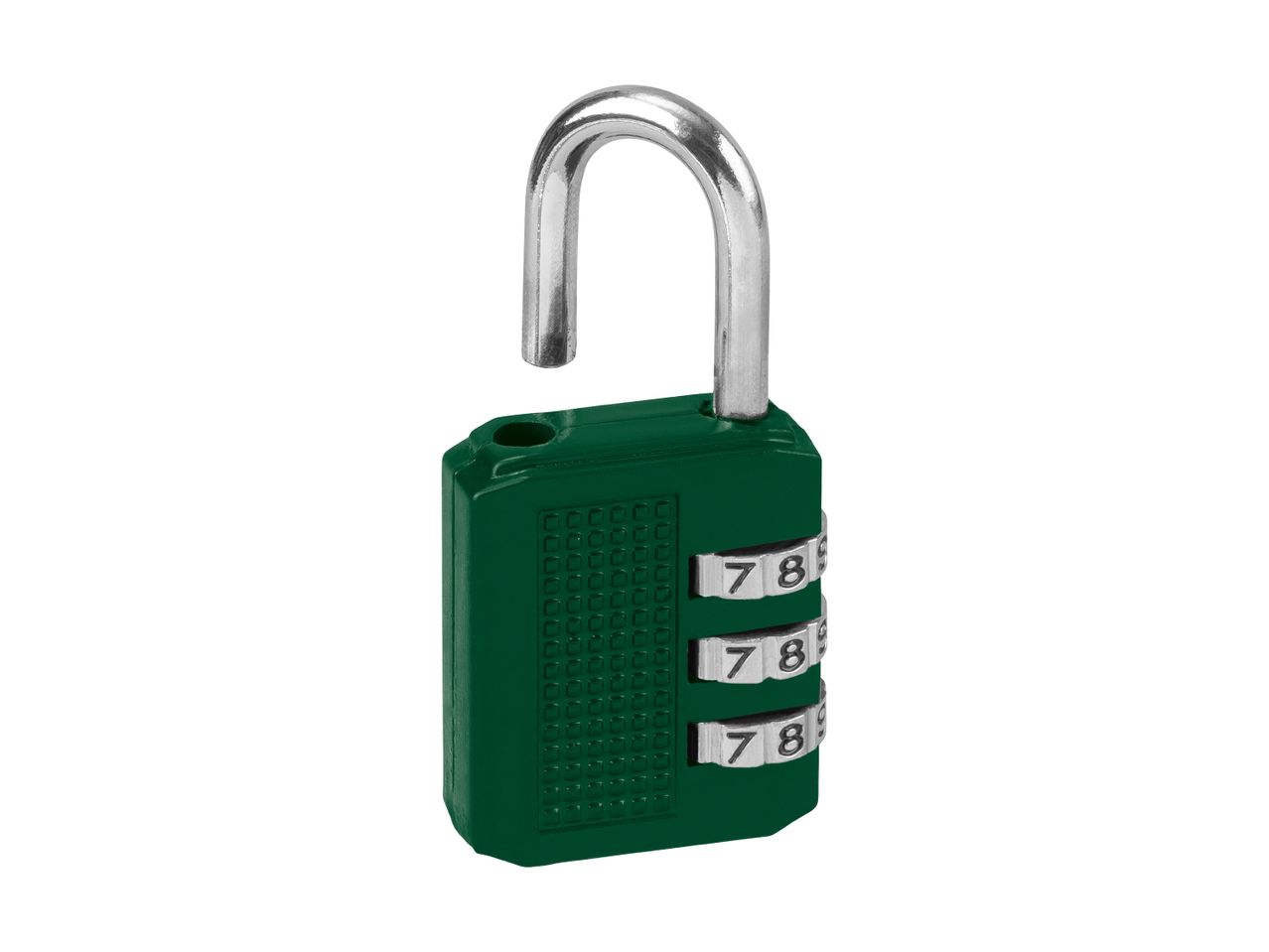 A green combination padlock with a silver shackle is shown unlocked.