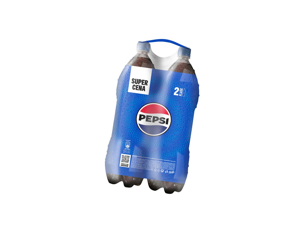 Dve Pepsi boce od 1,5L u pakovanju sa natpisom 'Super cena'.
