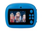 Blue kids' digital camera with a screen showing three children blowing confetti.