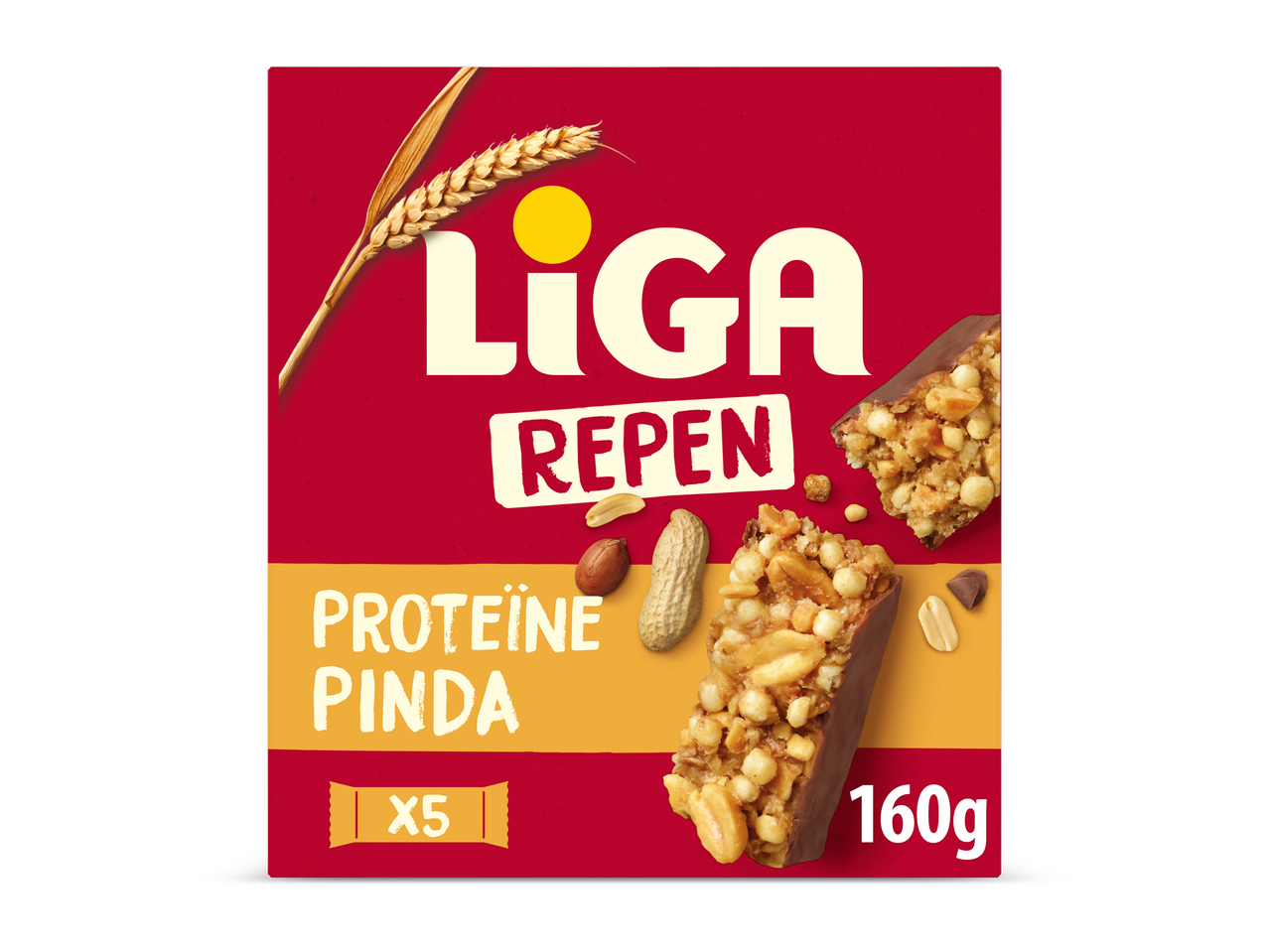 Rode verpakking met gele band, met proteïnerepen met pinda's en graan.