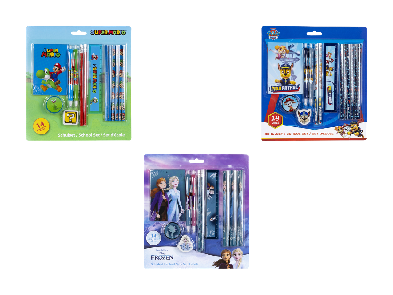 Trois ensembles scolaires avec des personnages populaires : Super Mario, Pat' Patrouille et La Reine des Neiges.