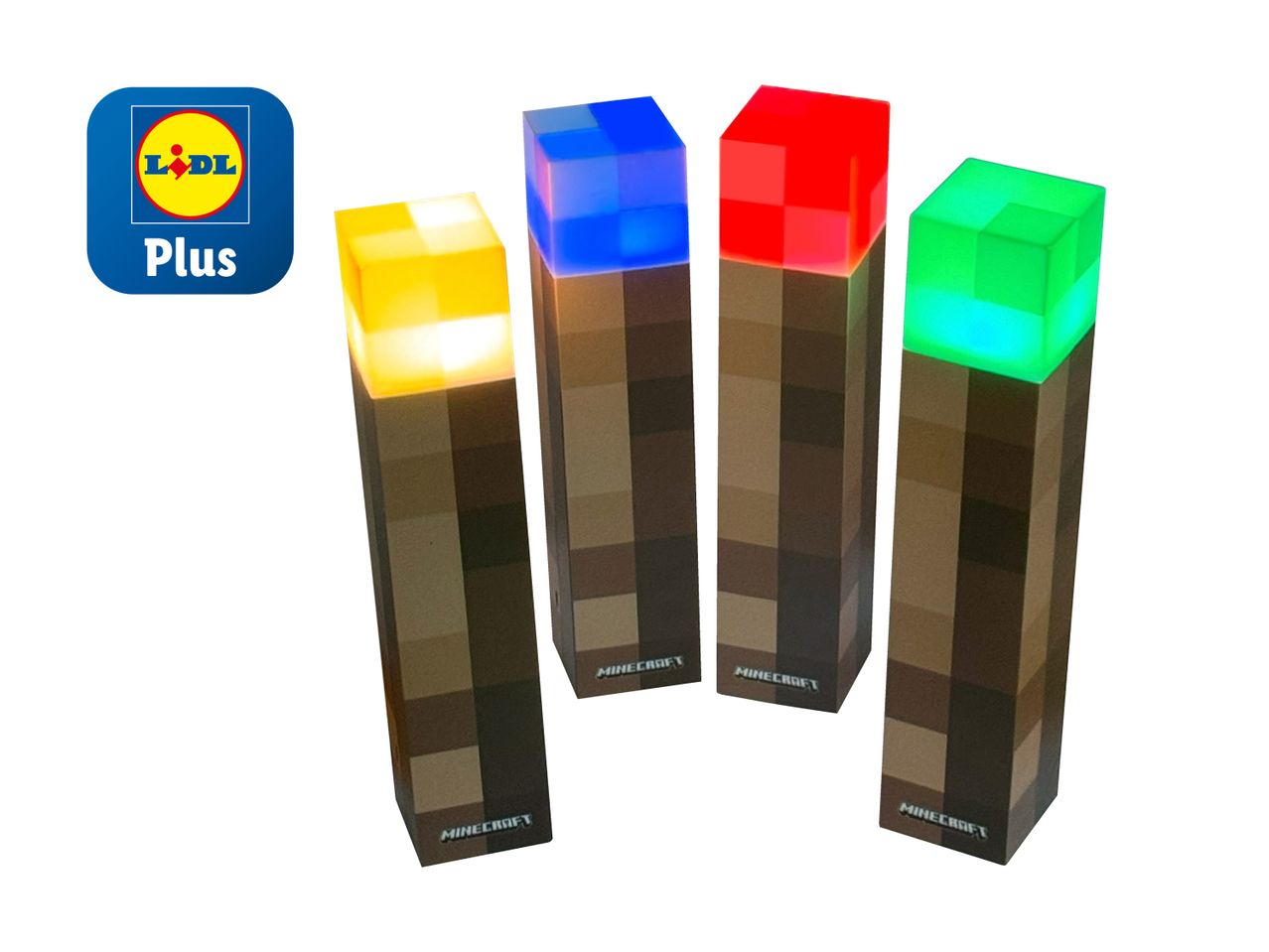Lampes torches Minecraft colorées de Lidl Plus.