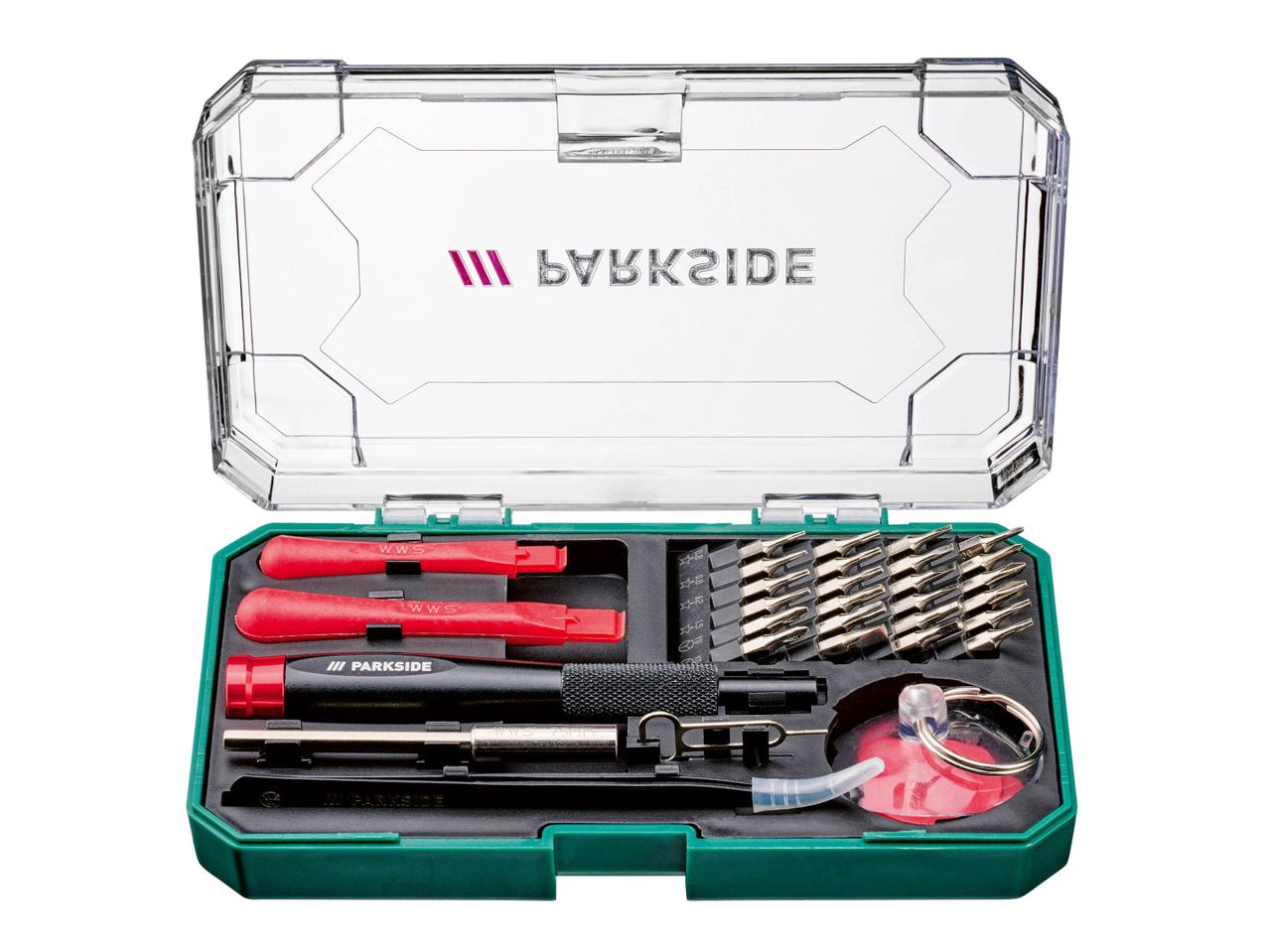 A screwdriver bit set with various tools and accessories in a clear and green case.