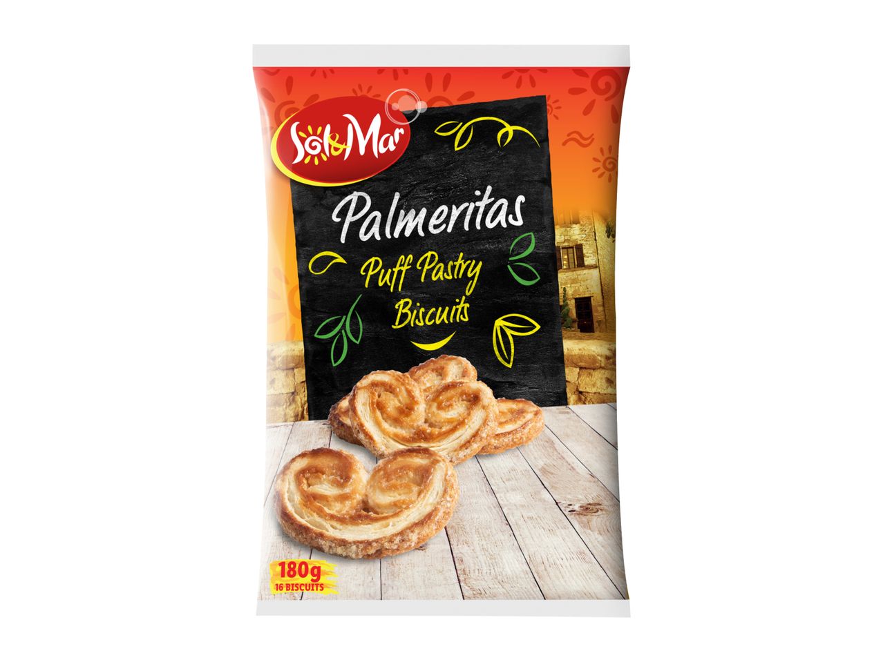 Puff pastry biscuits on a wooden surface, with a chalkboard-style label.