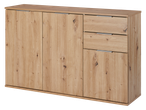 Wooden sideboard with two doors and three drawers.