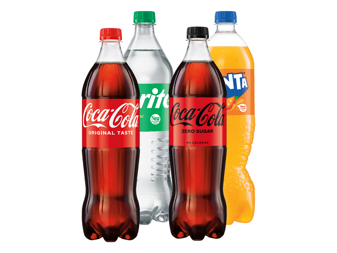 Coca-Cola Original Taste, Sprite, Coca-Cola Zero Sugar un Fanta pudeles.