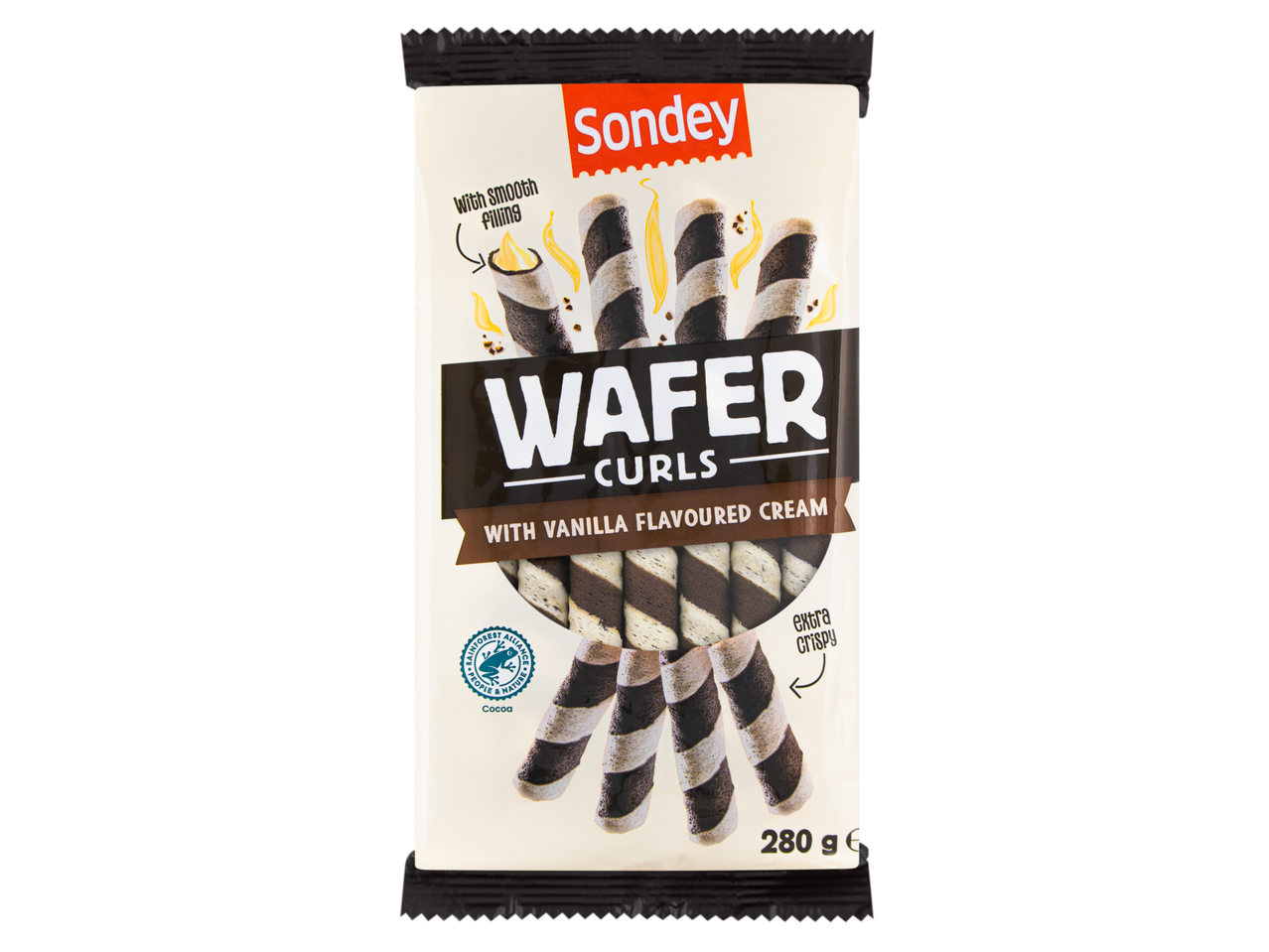 Sondey vaflių ritinėliai su vanilės kremu.