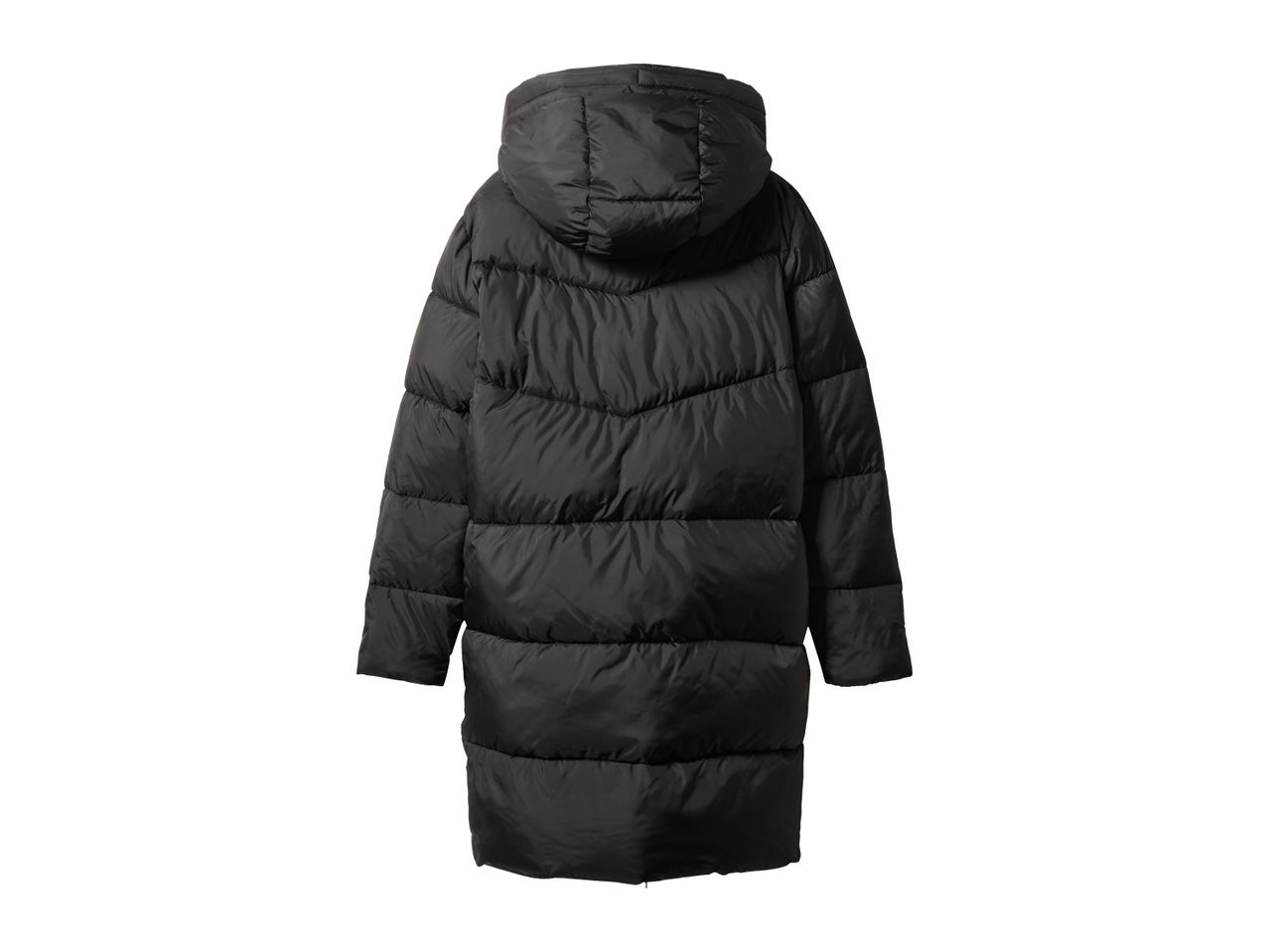 Black long puffer jacket with hood, back view