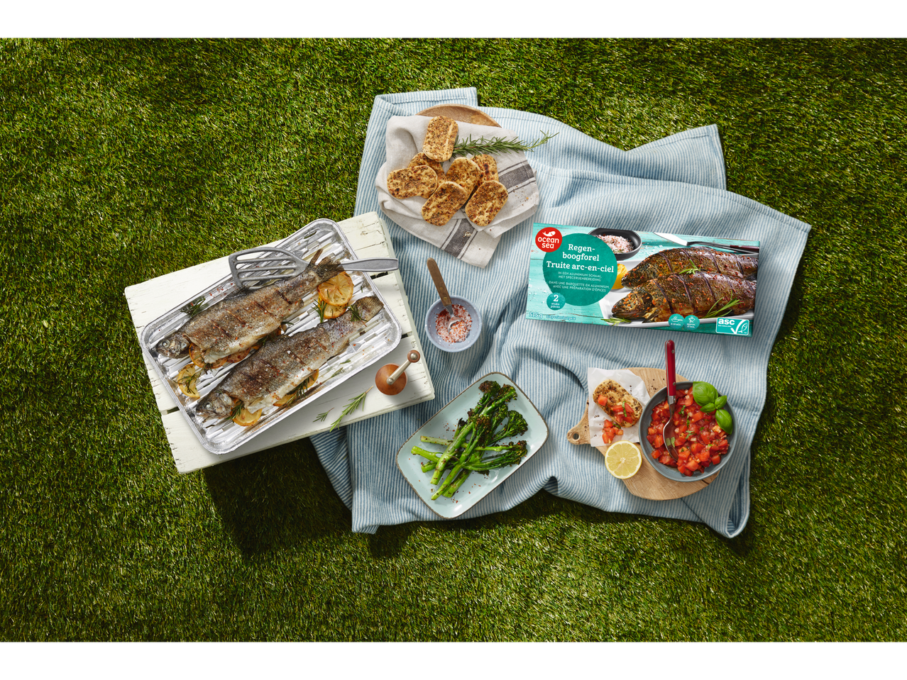 Ocean Sea regenboogforel, broccoli en tomaten op een picknick.