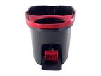 Black and red mop bucket with a wringer, viewed from the front.