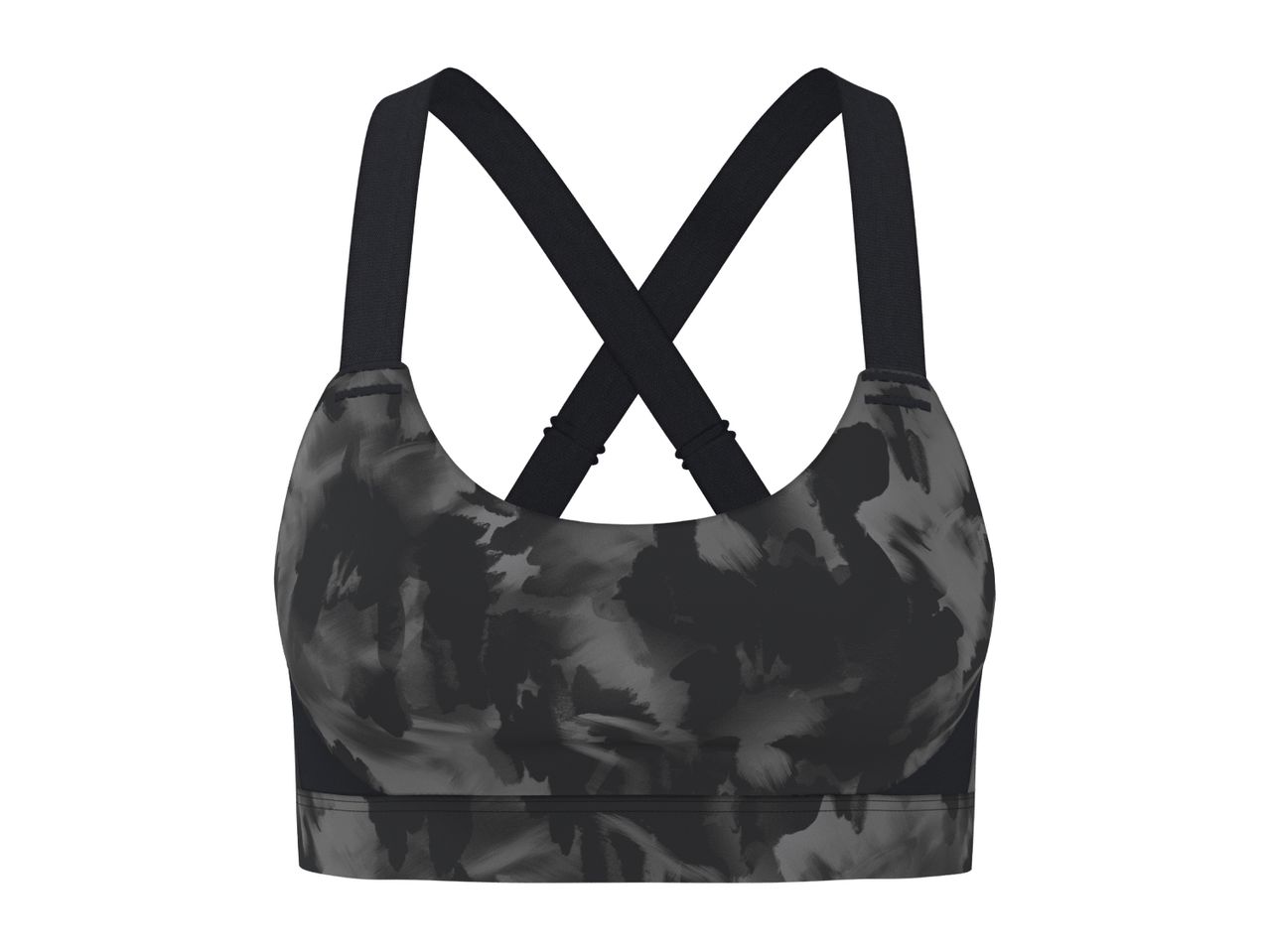 Black and grey tie-dye sports bra with criss-cross back straps.