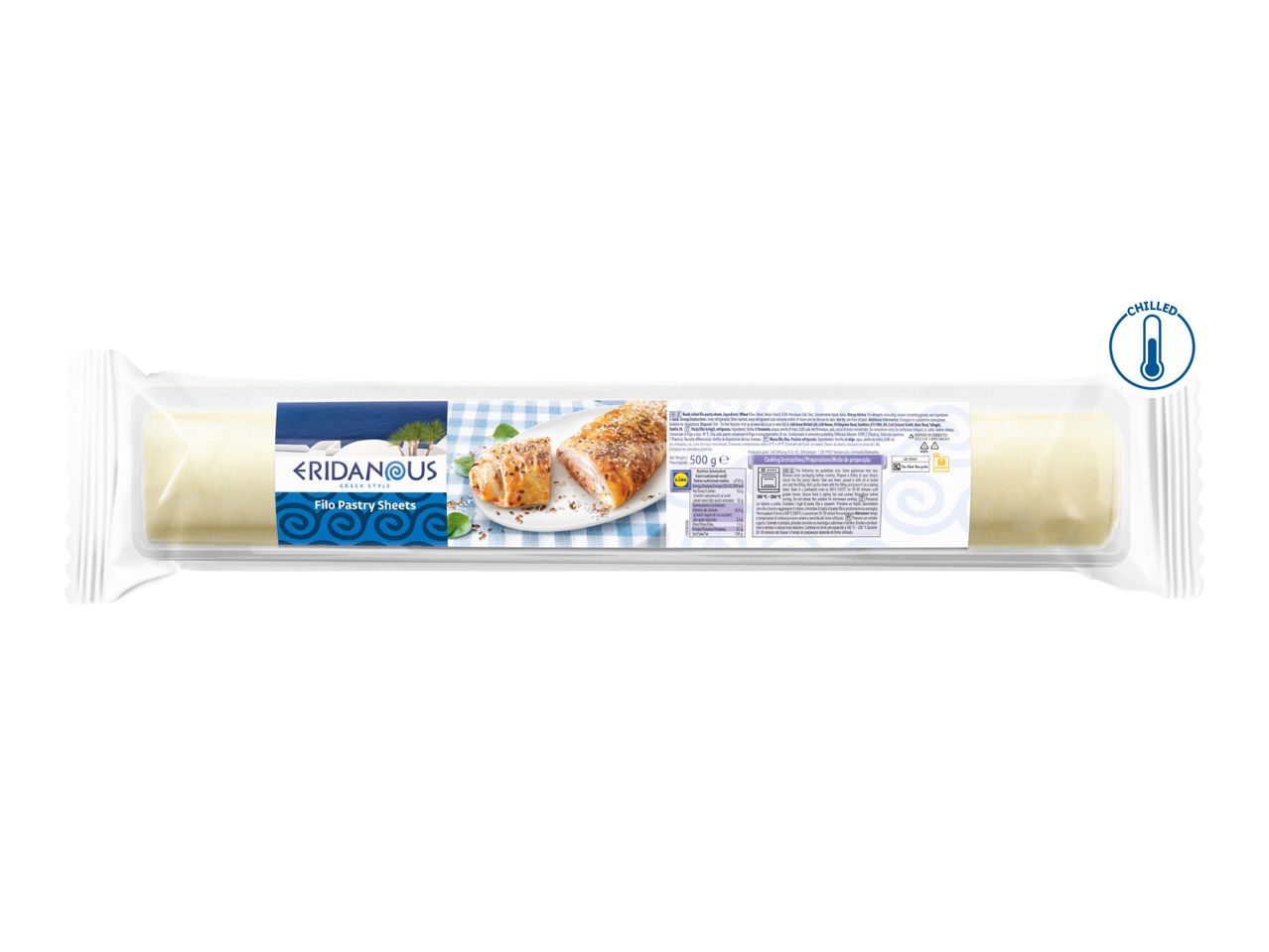 ERIDANOUS Greek Style Filo Pastry Sheets, 500g, with cooking instructions and nutritional information.