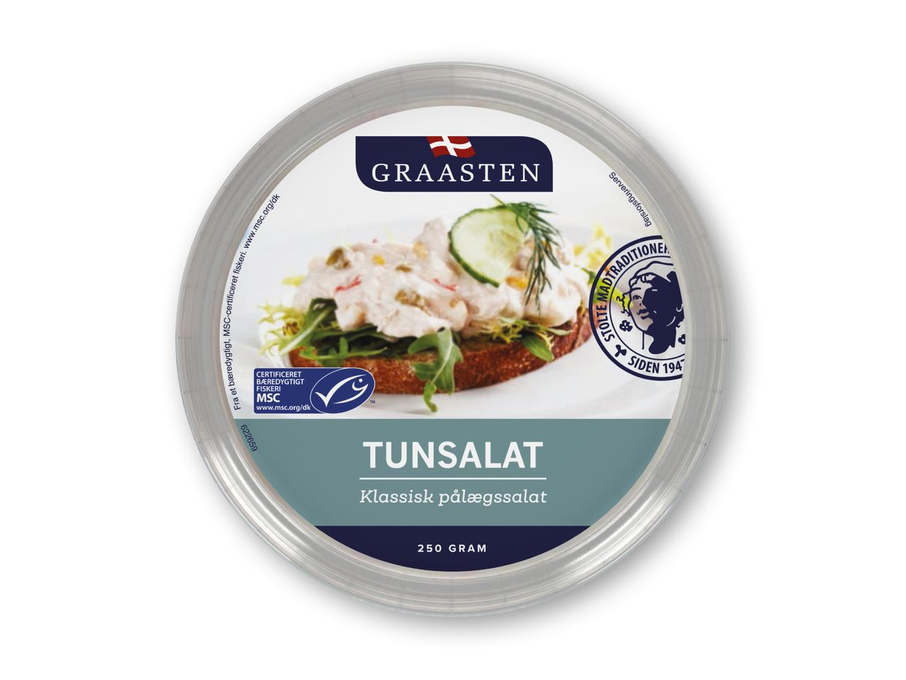 Graasten tunsalat (250g), klassisk pålægssalat i en gennemsigtig beholder.
